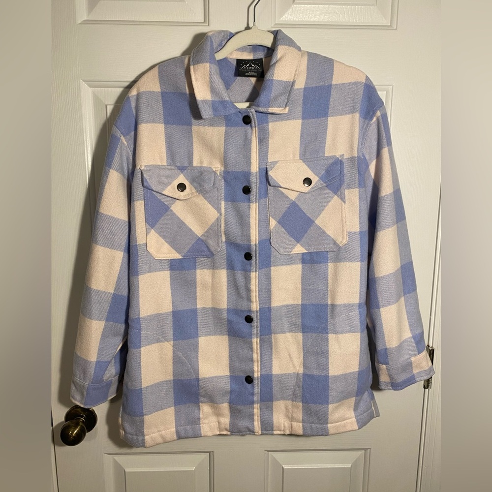 Checked Shacket Jacket in Light Blue and Cream -